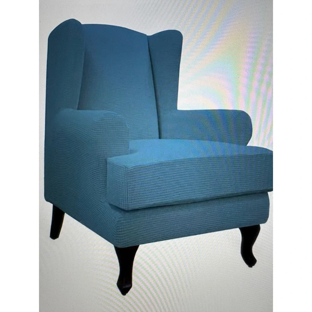 Easy-Going Stretch Wingback Chair Slipcover 2-Piece Jacquard Bluestone Blue Teal